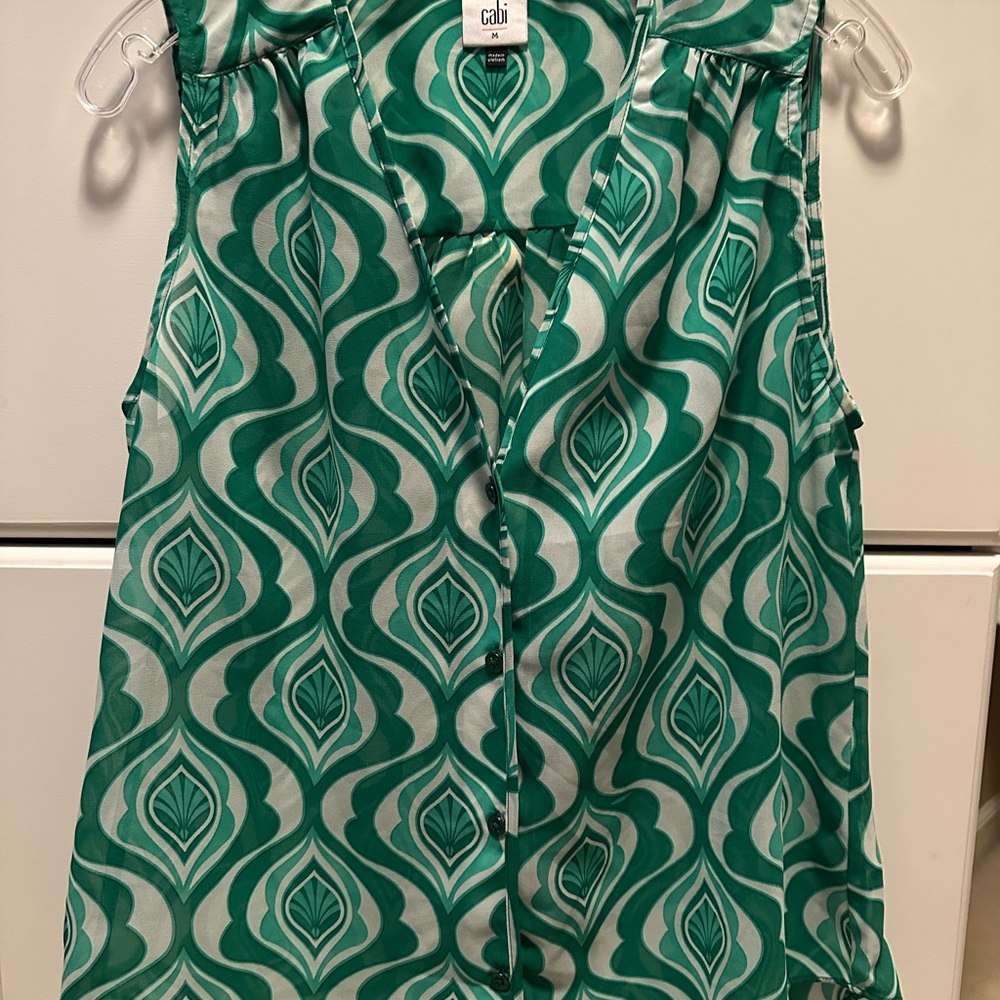 CAbi Teal and White Geometric Sleeveless Blouse